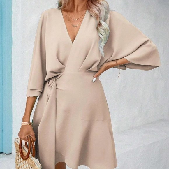 Apricot Boho Womens Batwing Sleeve Ruffle Hem Wrap Knot Side Dress - Picture 4 of 5